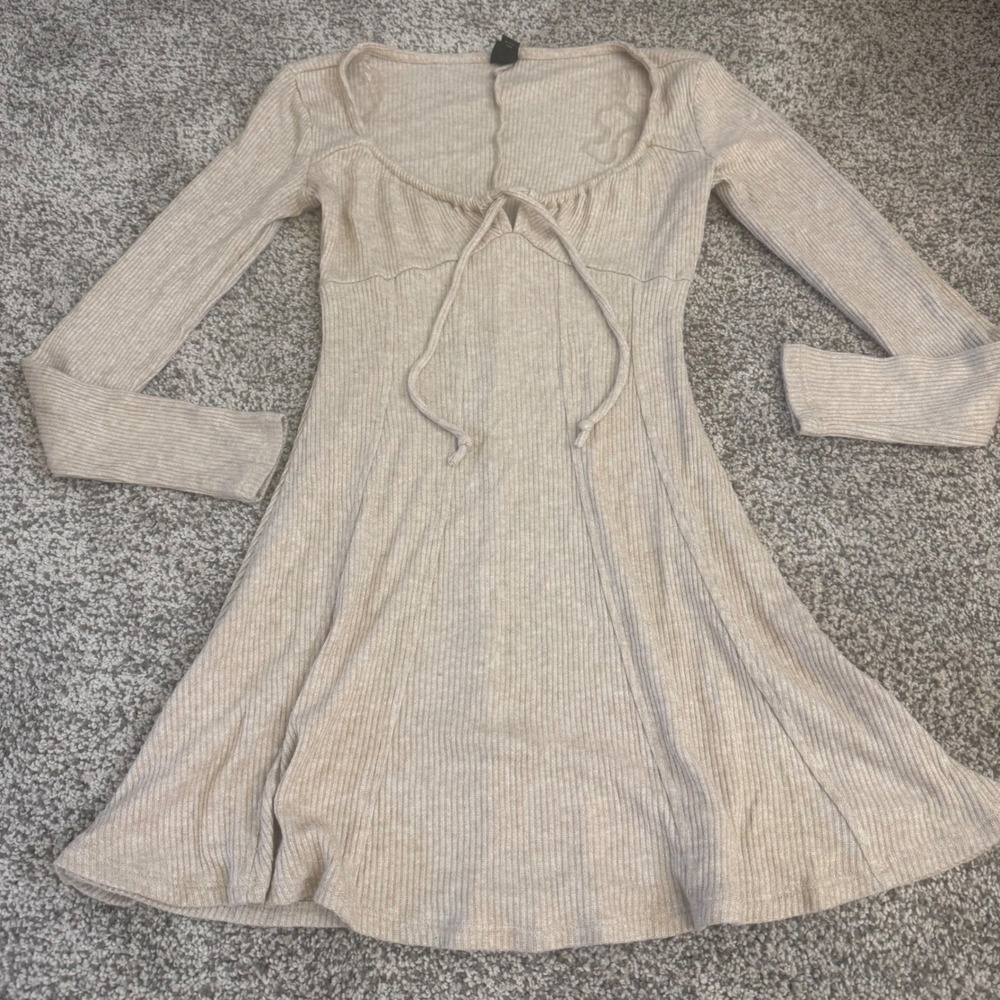 WOMENS XS Beige Ribbed Metallic Long Sleeve Mini Skater COQUETTE GIRLCORE y2k